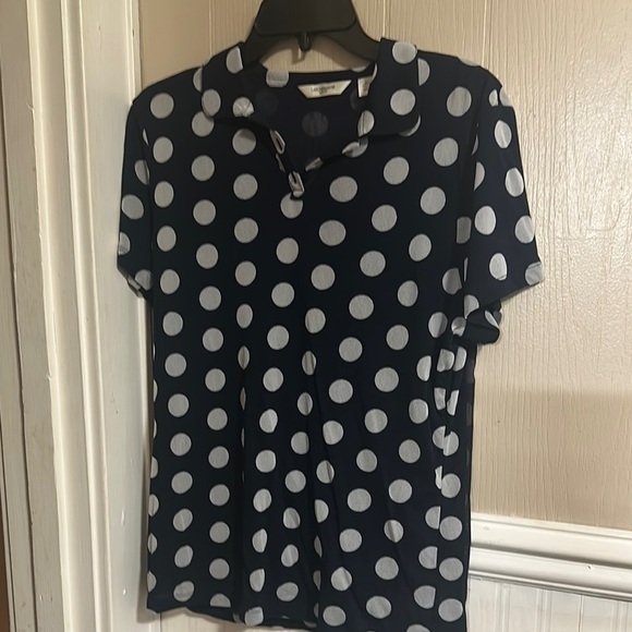 Liz Claiborne Dark Blue Sheer Lined Top with White Dots Collar Size XL - Picture 3 of 11